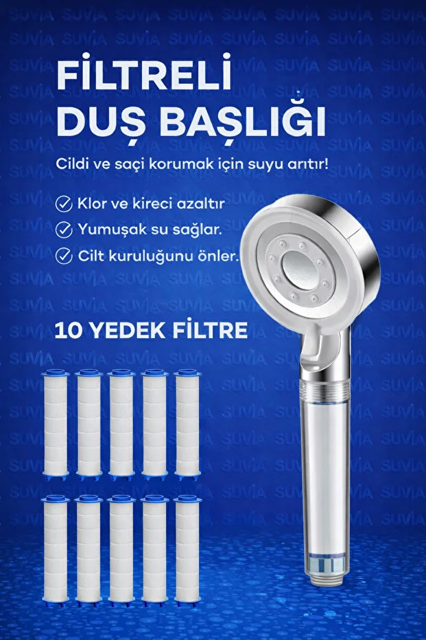 Filtreli Duş Başlığı 10 Yedek Filtreli Kireç Klor Azaltıcı Beyaz