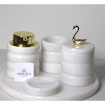 5 Parça Lüks Gold Detaylı %100 Mermer Banyo Seti Beyaz