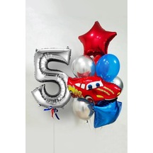 Yaş Folyolu Şimşek Araba Temalı Balon Seti 76cm Gümüş Rakam Balonlu Yıldızlı Set, 77896589664 Genel