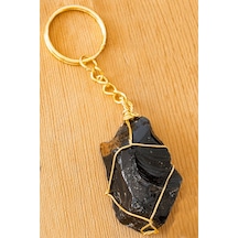 Sertifikalı Gold Siyah Obsidyen Taşı Anahtarlık - Tel Sargılı