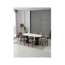 Aura Bohem Masa Takımı 90x180 Mdf Traverten Masa Ve 6 Adet Polo Sandalye Açık Kahve Açık Kahve