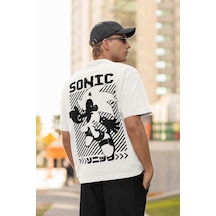 Sonic Çizgi Film Baskılı Unisex Oversize Tişört Beyaz