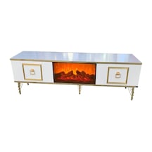 Evimeaksesuar Şömineli Tv Sehpası Özel Yapım Beyaz-Gold 208 Cm