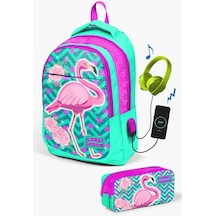 Coral High Kids Su Yeşili Pembe Simli Flamingo Desenli Usb'li 2'li Okul Çanta Seti Set0223411