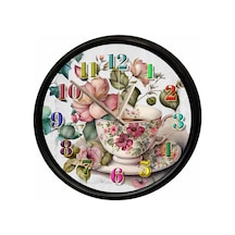 Çiçek Desenli Porselen Fincan Temalı Dekoratif Duvar Saati 28 Cm Sessiz Mekanizma Çok Renkli