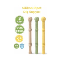 Bebek Diş Kaşıyıcısı Silikon Pipet & Diş Kaşıyıcı Set 3 Lü Bej, Yeşil & Sarı Dişlik Çiğneme Tüpü Pipet Yeşil - Sarı