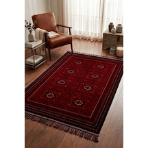 Leiva Home Otantik Afgan Etnik Desenli Kadife Bambu Kaymaz Yıkanabilir İpeksi Yumuşak Saçaklı Salon Halısı Bordo