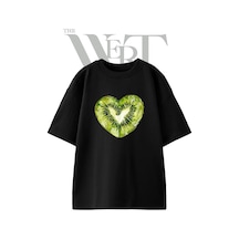 Thewert Kiwi Heart Tasarım Baskılı Ünisex Siyah Oversize T-shirt
