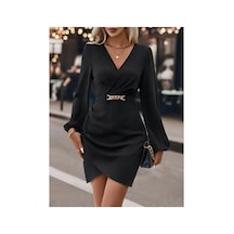 Butik İstanbul Kadın Uzun Kollu Kruvaze Yaka Yandan Büzgülü Asimetrik Detaylı Ithal Krep Mini Elbise Yeşil