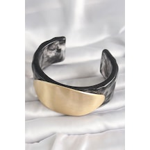 Siyah Mermer Desen Akrilik Plastik Gold Oval Plaka Model Vintage Kadın Bilezik - Lisinya Çok Renkli