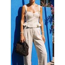 Fashion Cocktail Peplum Doğal Dokulu Fırfır Bağlama Detaylı Büstiyer Ve Beli Lastikli Rahat Kesim Bol Paça Pantolon Keten Yazlık Taş Rengi İkili Takım Set
