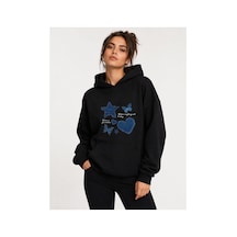 Herkesemoda Kot Efektli Baskılı Kapüşonlu 2 İplik Şardonlu Sweatshirt Siyah