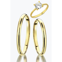 2Mm Bombeli Altın Kaplama Gümüş Alyans Çifti Tektaş Hediye Wr86