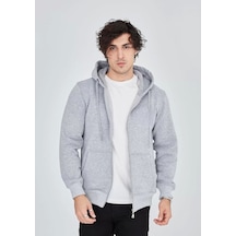 Unisex Tam Fermuarlı Kapşonlu Sweatshirt - Gri Gri