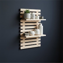Woodify Yapışkanlı Doğal Ahşap Duvar Rafı - 50x30 Cm Matkapsız Montaj Dekoratif Mutfak Banyo Rafı Bej