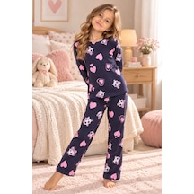 Free Beka Desenli Bisiklet Yaka Süet Kumaş Kız Çocuk Uzun Kollu Pijama Takımı Siyah
