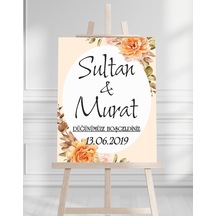Söz Nişan Düğün İçin 50x70 Karşılama Panosu - Siyah Çiçek Desenli Beyaz