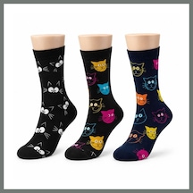 Bezos Unisex Kedi Desenli Çorap 3'lü Set Pamuklu Renkli Uzun Soket Dikişsiz Nefes Alan Rahat Günlük Çorap Mmbz Çok  Renkli