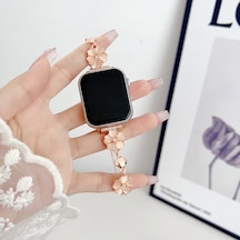 Apple Uyumlu  Watch Seri 4 5 6 7 8 9 10 44-45-46mm Çiçekli Ve Kalp Zincir Detaylı Bileklik Tasarım Kordon