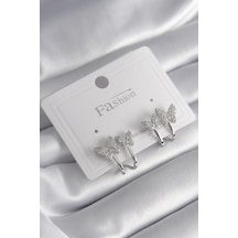 Pirinç Gümüş Renk Zirkon Taşlı Kelebek Model Kadın Küpe - Tj-bkp8423