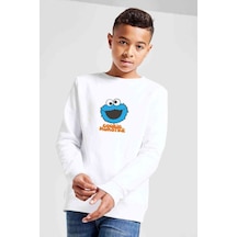 Tshirthane Cookie Monster Baskılı Unisex Çocuk Beyaz Sweatshirt Beyaz
