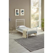 Odin Tek Kişilik Metal Karyola-beyaz Ahşap Latalı