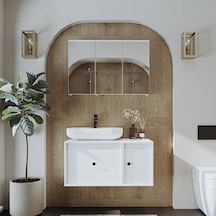Oval Lavabolu Mat Mdf 90 Cm Alt Banyo Dolabı + Aynalı Dlp Beyaz Mat Beyaz