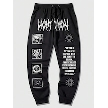 Goth Guys Slogan & Skull & Spider Graphic Drawstring Waist Eşofman Altı Siyah