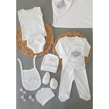 Ponpon Baby Kral Taçlı Desenli 10 Lu Hastane Cıkışı Seti Beyaz - Pembe