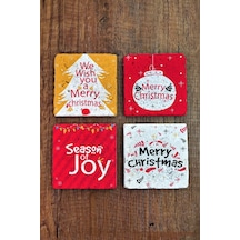 Doğal Taş Bardak Altlığı 4'lü Set 10x10x1 Cm Yılbaşı, Yeni Yıl, Merry Christimas-stone Coasters Çok Renkli