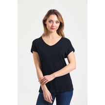 Kadın Bambu Kumaş V Yaka T-shirt Siyah