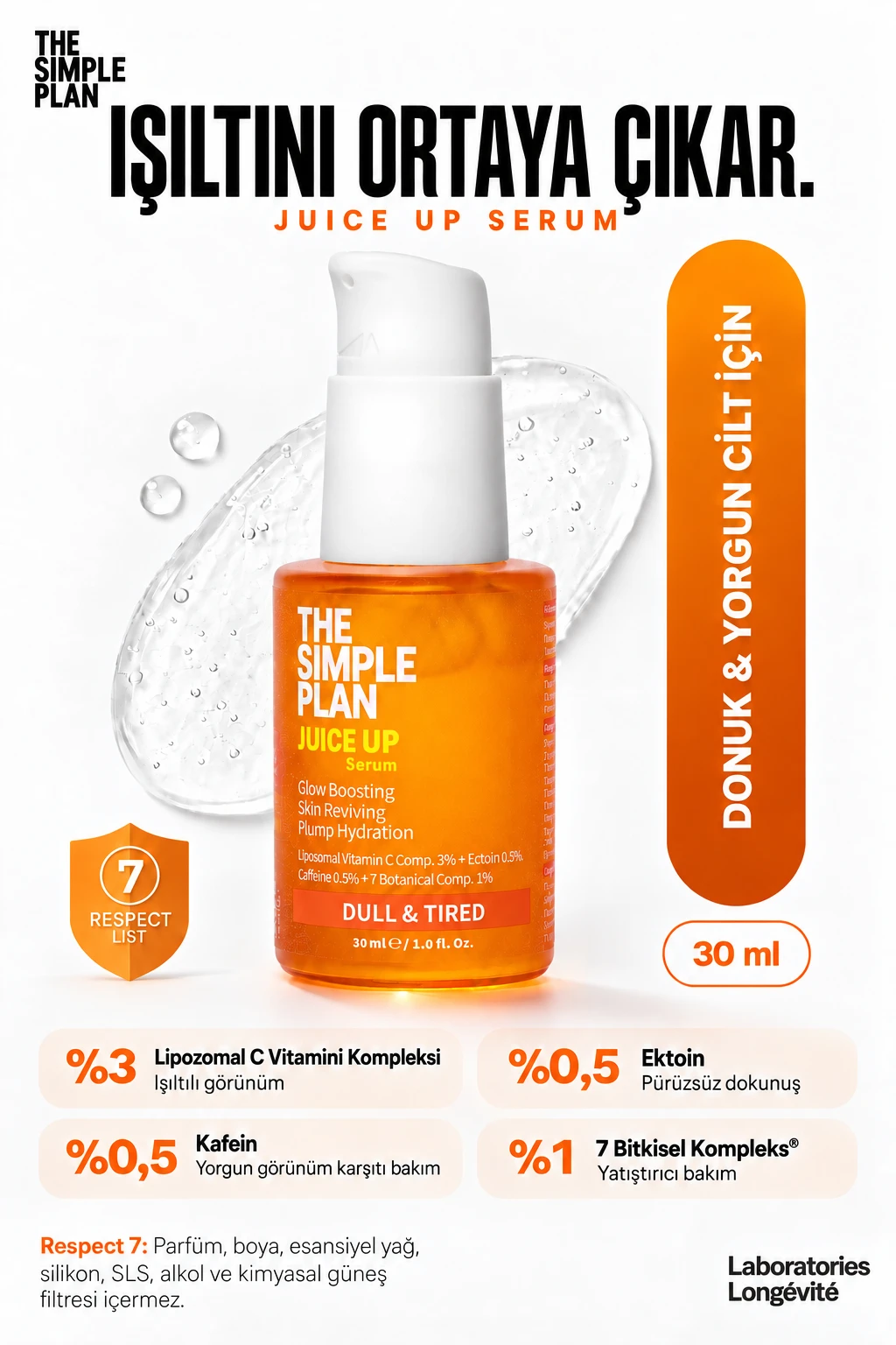 The Simple Plan Juice Up Serum %3 Lipozomal C Vitamini + %0,5 Ektoin + %0,5 Kafein, Donuk Ve Yorgun Cilt, 30 Ml