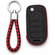Autohan Keys Egea Uyumlu Deri Anahtar Kılıfı, 3 Buton, Siyah, Kırmızı Örgülü Anahtarlık Dahil