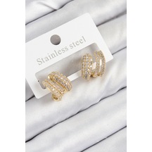 Pirinç Zirkon Taşlı Kıvrımlı Model Gold Renk Kadın Küpe Diğer