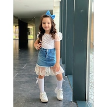 Modavals Kız Çocuk Karpuz Kol Bluzlu Dantel Detay Kot Etekli Alt Üst Takım 541236987 Beyaz - Mavi