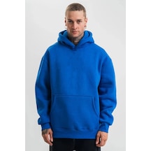Barlashive Erkek Oversize 3 İplik Pamuklu Kapüşonlu Kanguru Cepli Hoodie Sweatshirt - Saks Mavisi Çok Renkli