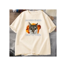 Komik Kedi Pamuk Tişört O-boyun Kısa Kollu Gevşek Moda Üst Giyim Tees Erkekler Büyük Boy Tişö 2994 Bej
