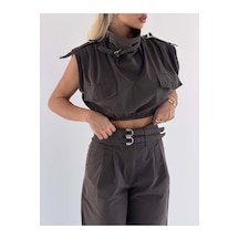 Fashion Cocktail Urban Metal Çift Tokalı Apoletli Büzgülü Bel Crop Dik Yaka Yüksek Bel Ve Kargo Cepli Baharlık Mevsimli Utilitarian Takım kahverengi