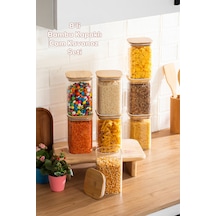 Porsima 6-4 Bambu Vakumlu Kapaklı Kare Borsilikat Cam 8li Kavanoz Seti Saklama Kabı 1250ml 9,5x15cm
