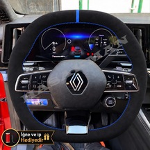Renault Espace Dikme Direksiyon Kılıfı Full Alcantara Süet Mavi Yüzük Ve Mavi Dikiş 2023-2026 Siyah