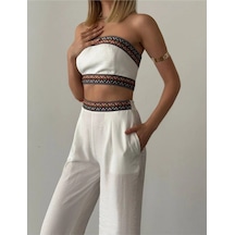 Aztek Motifli Şerit Korse Crop Cepli Lastikli Palazzo Pantolon Modern Etnik Yazlık Boho Keten Takım Beyaz