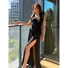 Kadın Askılı Omuzdan Bağlamalı Kruvaze Yakalı Uzun Yırtmaçlı Janjan Krep Elbise Siyah