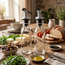 2 Li Cam Yağlık Sirkelik Seti, 300 Ml X 2, Akış Kontrollü Kapaklı Zeytinyağı Ve Sirke Şişesi, Salata Sosu Ve Sıvı Baharat Sunum Seti, Şeffaf