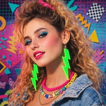80 Ler 90 Lar Retro Neon Yeşil Şimşek Küpe 10 Cm