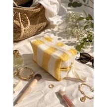 Faralyalife Çizgili Fermuarlı Taşıma Kulplu Makyaj Çantası 20x20 Cm %70 Pamuk %30 Polyester Kozmetik Kadın Makyaj Çantası
