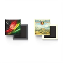 9x9 Cm Buzdolap Magnetleri - Afganistan Bayrağı Ve Retro Tema - 2'li Set Magneti