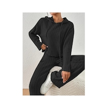 Bella Notte Siyah Fitilli Kapüşonlu Pamuklu Uzun Kollu Pijama Takımı