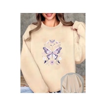 Herkesemoda Mor Kelebekler Baskı Detaylı Bisiklet Yaka Sweatshirt Bej