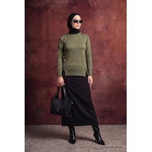 Armine Trend Geometrik Desenli Bisiklet Yaka Uzun Kollu Yan Yırtmaçlı Tunik Haki 26ktd415