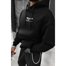Erkek 3 İplik Pamuklu Kapüşonlu Baskılı Cepli Oversize Sweatshirt Hoodie - Siyah